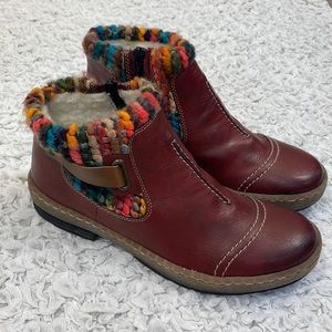 Women’s Rieker Ankle Boot: Size 41, Burgundy, Knit, Zip, 1.5” Heel